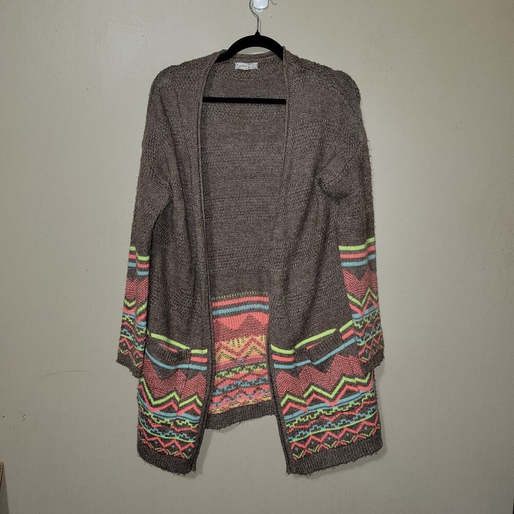 Wishlist Women's Open Front Cardigan Sweater S/M Brown Neon Aztec Tribal Knit...